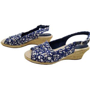 easy street womens blue floral fabric sling back espadrille wedge sandals.